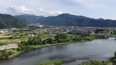 River Bridge and Mountain Townscape in Nagano Japan Stock Footage 336625485