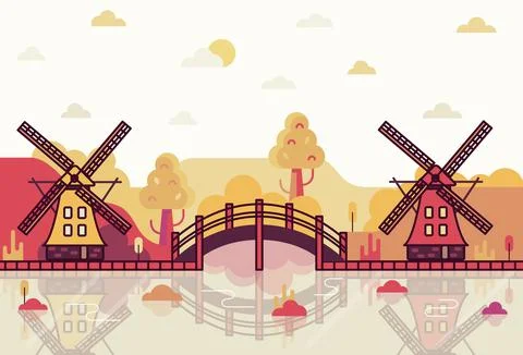 River, bridge and two mills - vector cartoon illustration in flat stile Stock Illustration