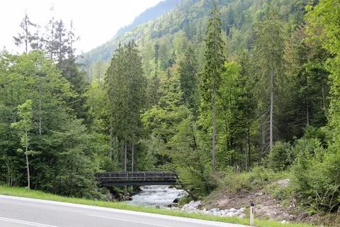 River with Bridge in The Mountains Stock-Fotos