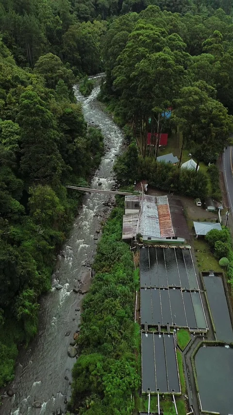 A river with a bridge over it and a large building in the background Stock Footage 327425785