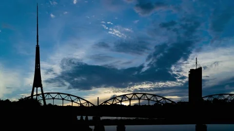 River Bridge Silhouette Landscape Riga Latvia, Video stock 237533733