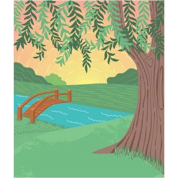 River bridge vector summer field nature landscape Stock Illustration