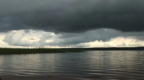 River, bulrush, gloomy sky Stock Footage 68945064