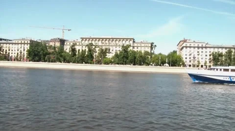 River Bus Floats Stock Footage 5738514