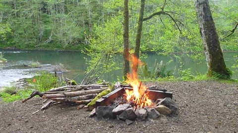 River Campsite Fire Stock Footage 22917253