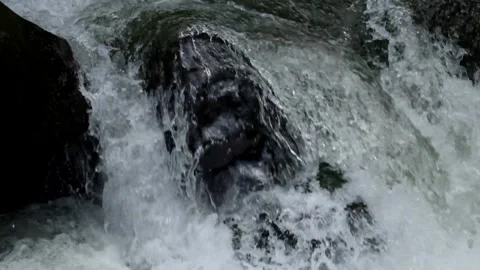 River cascade with clear, fast flowing water between large rocks Stock Footage 292663883