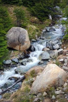River cascading over rocks in Glaciar Martial, Ushuaia, Tierra del Fuego Stock Photos