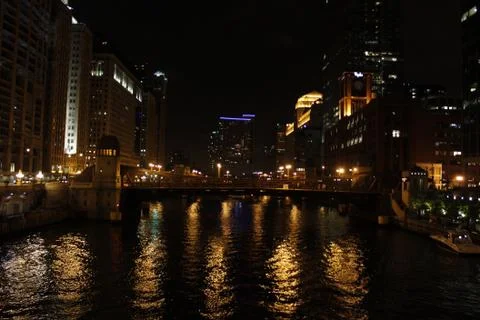 River in chicago at night Stock Photos