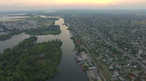 River in the city. drone flight at sunset Stock Footage