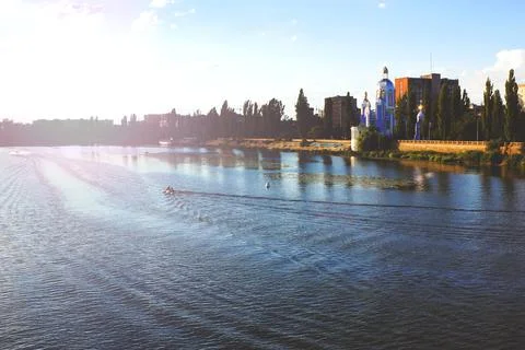 On in the river. City river. Stock Photos