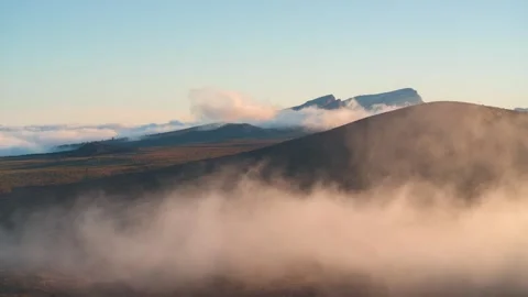 River of Clouds Flowing Between Volcanic Hills Tenerife Sunset Timelapse 4K Stock Footage 333417020