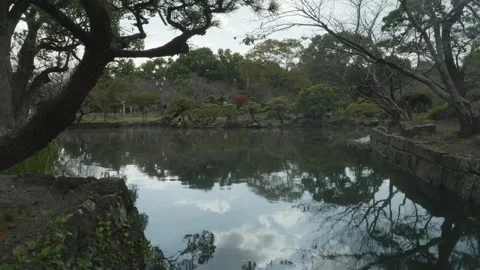 River with Clouds Water Reflection Running Through Japanese Garden, Wide shot Stock Footage 345199157