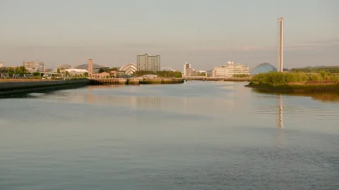 River Clyde at sunset, view of Glasgow Science Tower Stock Footage 139844962