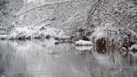 River Coast Covered with Snow Stock Footage 99926504