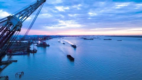 River Container Shipping 4K Aerial Nature Landscape Scenic Stock Footage 320445190