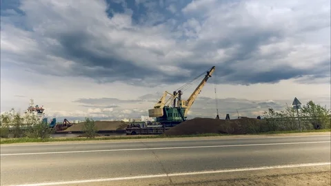 River crane in operation Stock Footage 93385147