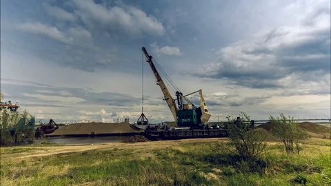 River crane in operation Stock Footage 93385198