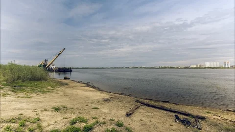 River crane in operation Stock Footage 93386213