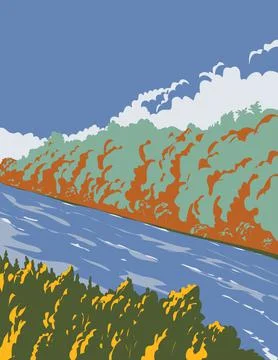 River Creek or Stream with Trees on Each Bank WPA Poster Art. Illustrazione stock