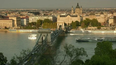 River cruise passing under Chain Bridge Budapest Stock Footage 82680692