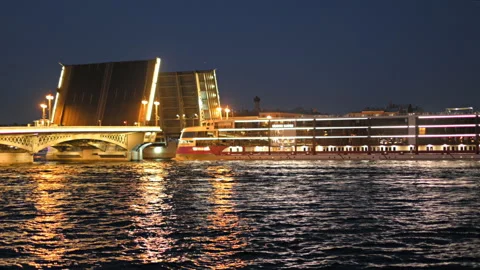 River cruise ship passing the opened bascule bridge in St. Petersburg, Russia Stock Footage 156278856
