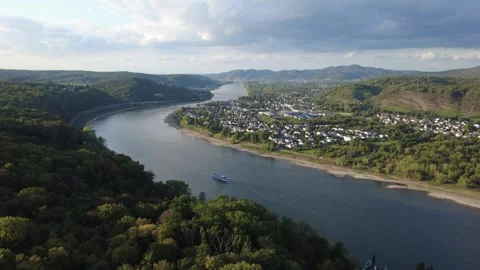 River cruise ship on the Rhine River near Unkel Aerial view Stock Footage 344798518
