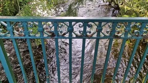 River current and pedestrian bridge railing in park Stock Footage 293080919
