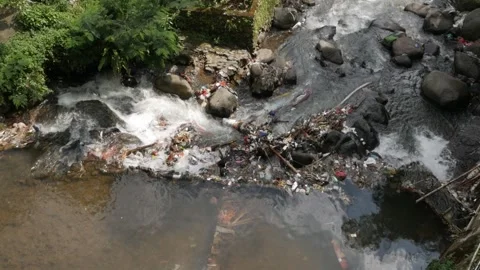 River current passing through accumulated plastic litter in slow motion. Stock Footage 336322776