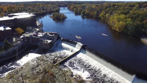 River Dam and Old Mill From Above Stock Footage 97534376