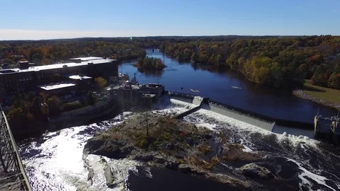 River Dam and Old Mill From Above Stock Footage 97534657