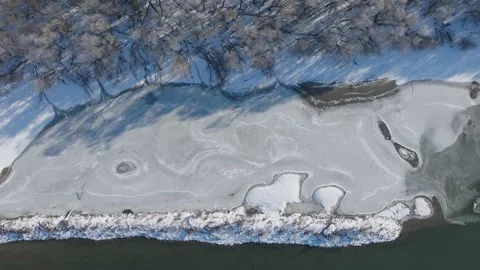River Danube aerial view in winter. Dunabogdany, Hungary. 2026. Stock Footage 327080451