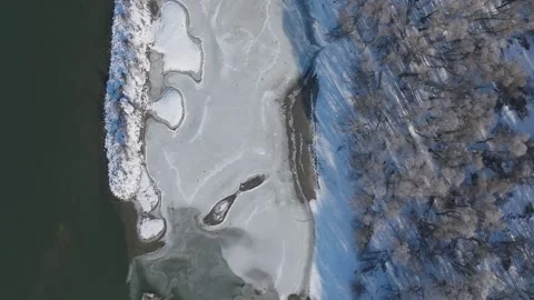 River Danube aerial view in winter. Dunabogdany, Hungary. 2026. Stock Footage 327080458