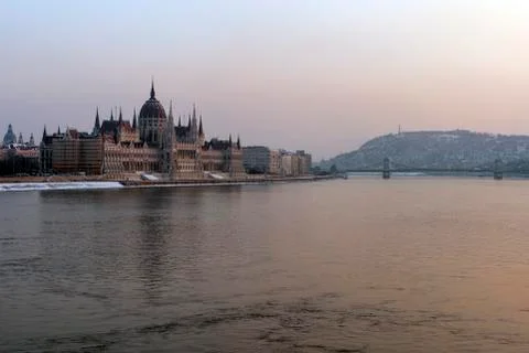 The river Danube on a cold winter day with the Hungarian Parliament building  Stock Photos