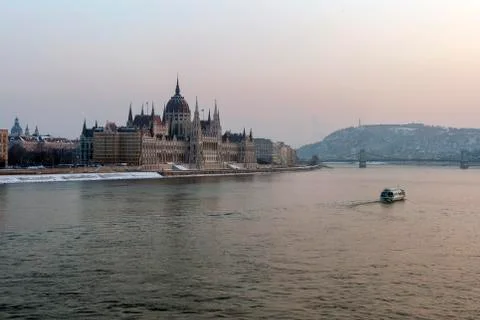 The river Danube on a cold winter day with the Hungarian Parliament building  Stock Photos