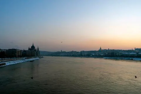 The river Danube on a cold winter day with the Hungarian Parliament building  Stock Photos
