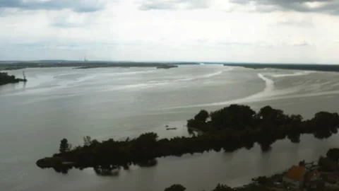 The river Danube on a gloomy cloudy day - DRONE SHOT Stock Footage 132588974