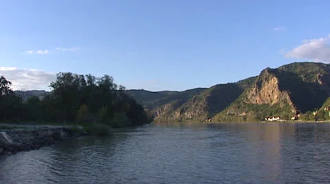River Danube streaming pan - duernstein village Stock Footage 23956122