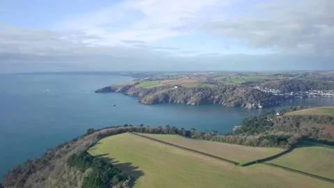River Dart and Fields in autumn colors over Kingswear and Dartmouth from a drone Stock Footage 165136054