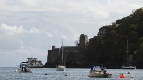 River Dart, Devon: Boats along river, speeded up (MUTE) Stock Footage 141449941