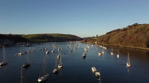 River Dart, Devon: Drone Aerial View: The River Dart valley and yachts Stock Footage 168563005