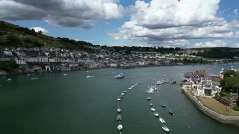 River Dart, S. Devon, England: DRONE VIEWS: River Dart, Dartmouth &amp; Kingswear Stock Footage 244934448