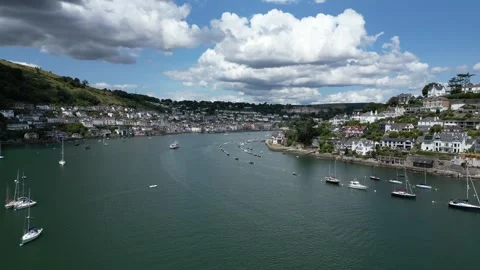 River Dart, S. Devon, England: DRONE VIEWS: River Dart, Dartmouth &amp; Kingswear Stock Footage 244934495