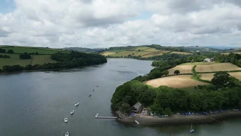 River Dart, South Devon, England: DRONE VIEWS: The Boat Club &amp; River Dart Stock Footage 244524003
