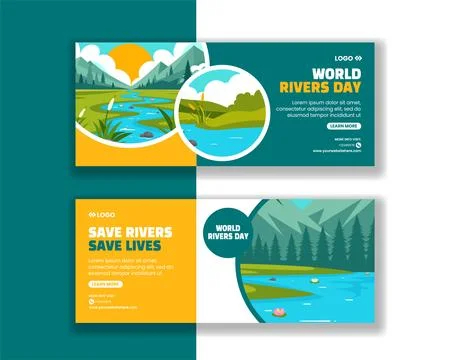 River Day Horizontal Banner Flat Cartoon Hand Drawn Templates Background Il.. Stock Illustration