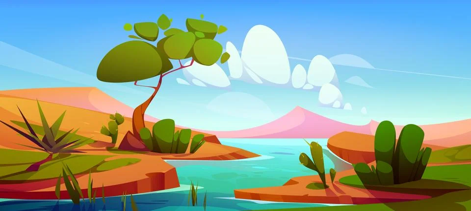 River in desert oasis cartoon vector landscape Stock Illustration