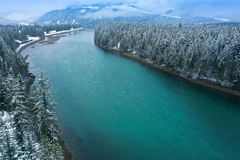 River dividing forest in the winter Stock Photos