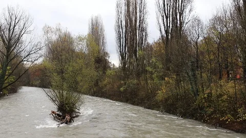 The river Dora has swollen after the rains of November 2019 (Turin, Italy) Stock Footage 120407795