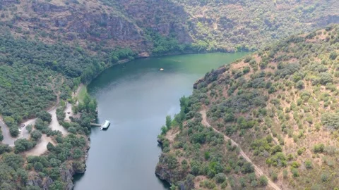 River (Douro) in a valley. Border between Spain and Portugal. Aerial Stock Footage 326915870