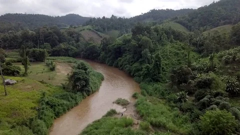 River Drone Flying Upriver  Landscape Thailand Видео 127243639