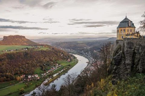 River Elbe in the valley between the mountains of Saxon Switzerland Stock Photos
